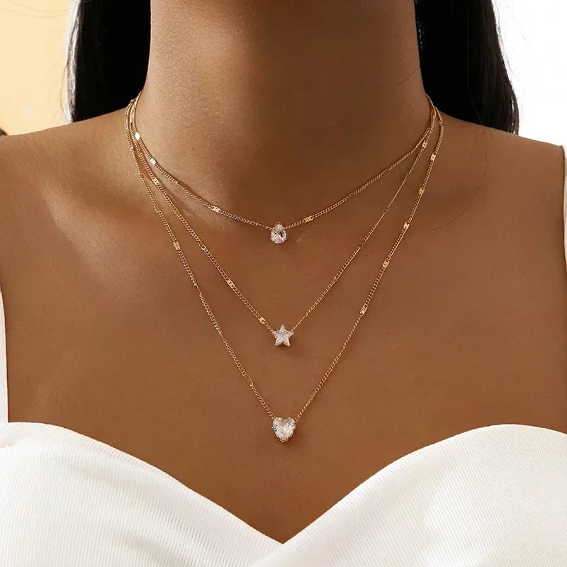 Senior Love Heart Star Multi-layered Crystal Pendant Necklace for Women Charm Gold Color Stainless Steel Choker Chain Jewelry