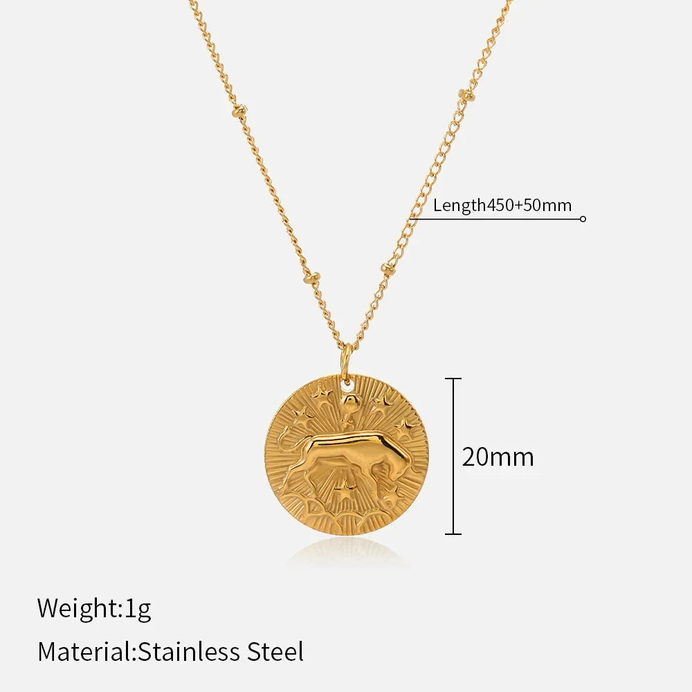Original Zodiac Signs Gold Color Stainless Steel Pendant Necklace for Men Women Twelve Constellations Embossed Chokers Jewelry