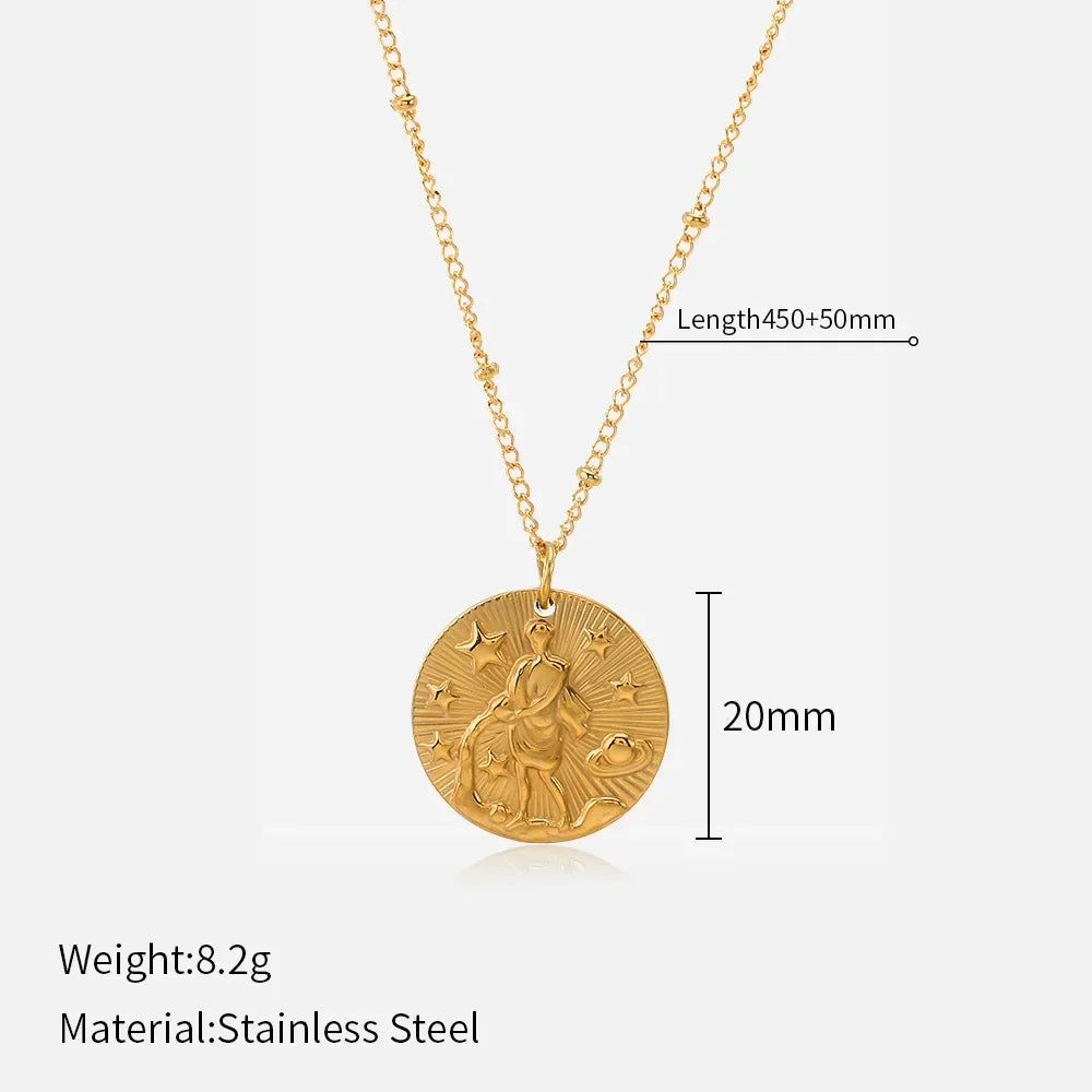 Original Zodiac Signs Gold Color Stainless Steel Pendant Necklace for Men Women Twelve Constellations Embossed Chokers Jewelry