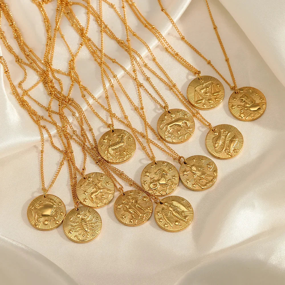 Original Zodiac Signs Gold Color Stainless Steel Pendant Necklace for Men Women Twelve Constellations Embossed Chokers Jewelry