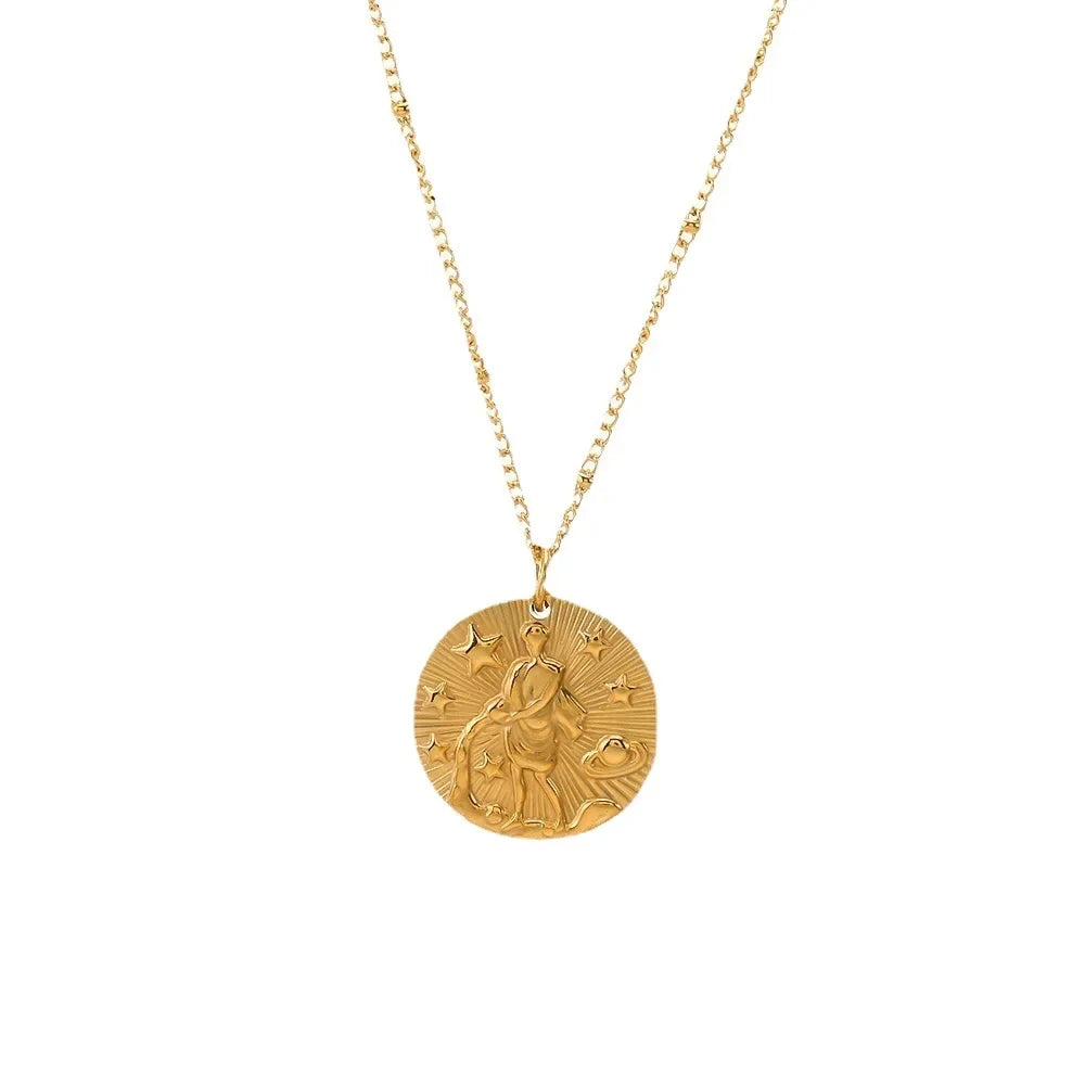 Original Zodiac Signs Gold Color Stainless Steel Pendant Necklace for Men Women Twelve Constellations Embossed Chokers Jewelry