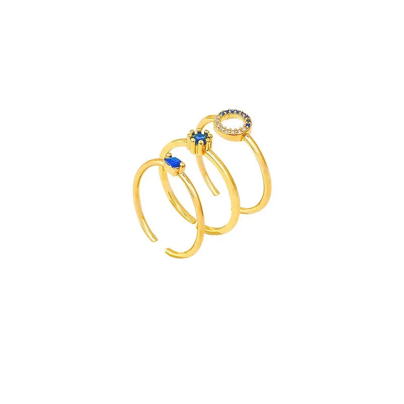 3pcs Set Personality Fashion Blue Geometric Crystal Rings for Women Vintage Luxury Gold Color Stainless Steel Finger Jewelry