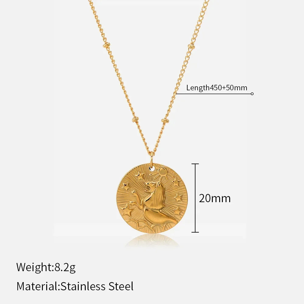 Original Zodiac Signs Gold Color Stainless Steel Pendant Necklace for Men Women Twelve Constellations Embossed Chokers Jewelry