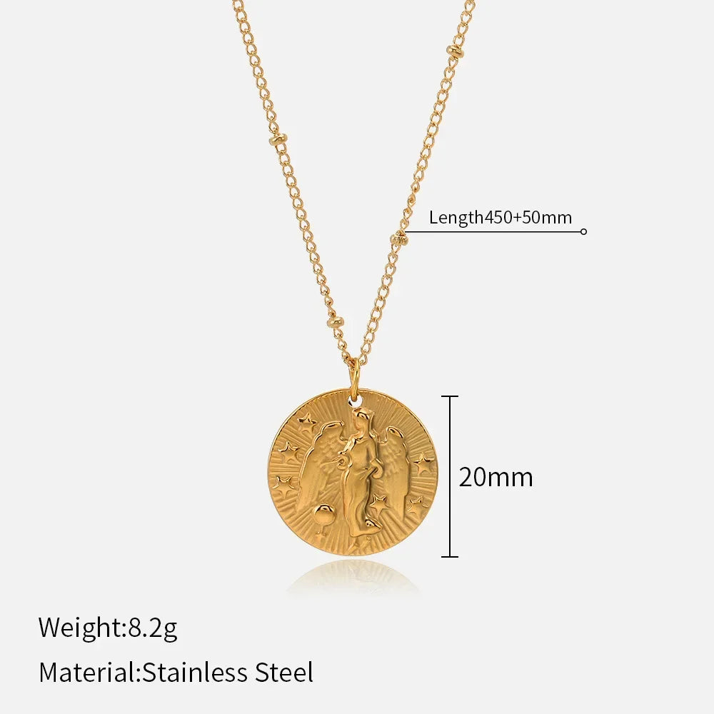Original Zodiac Signs Gold Color Stainless Steel Pendant Necklace for Men Women Twelve Constellations Embossed Chokers Jewelry