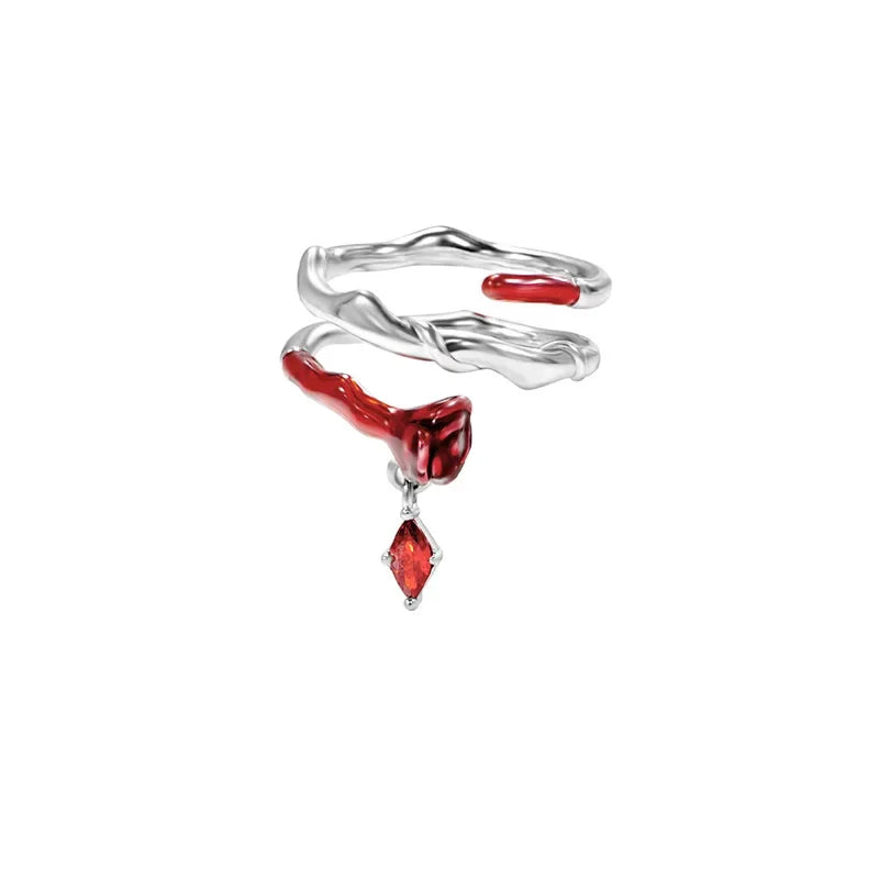 Vintage Goth Irregular Red Crystal Heart Ring for Women Charm Hollow Zircon Liquid Open Adjustable Ring Punk Party Jewelry Gift
