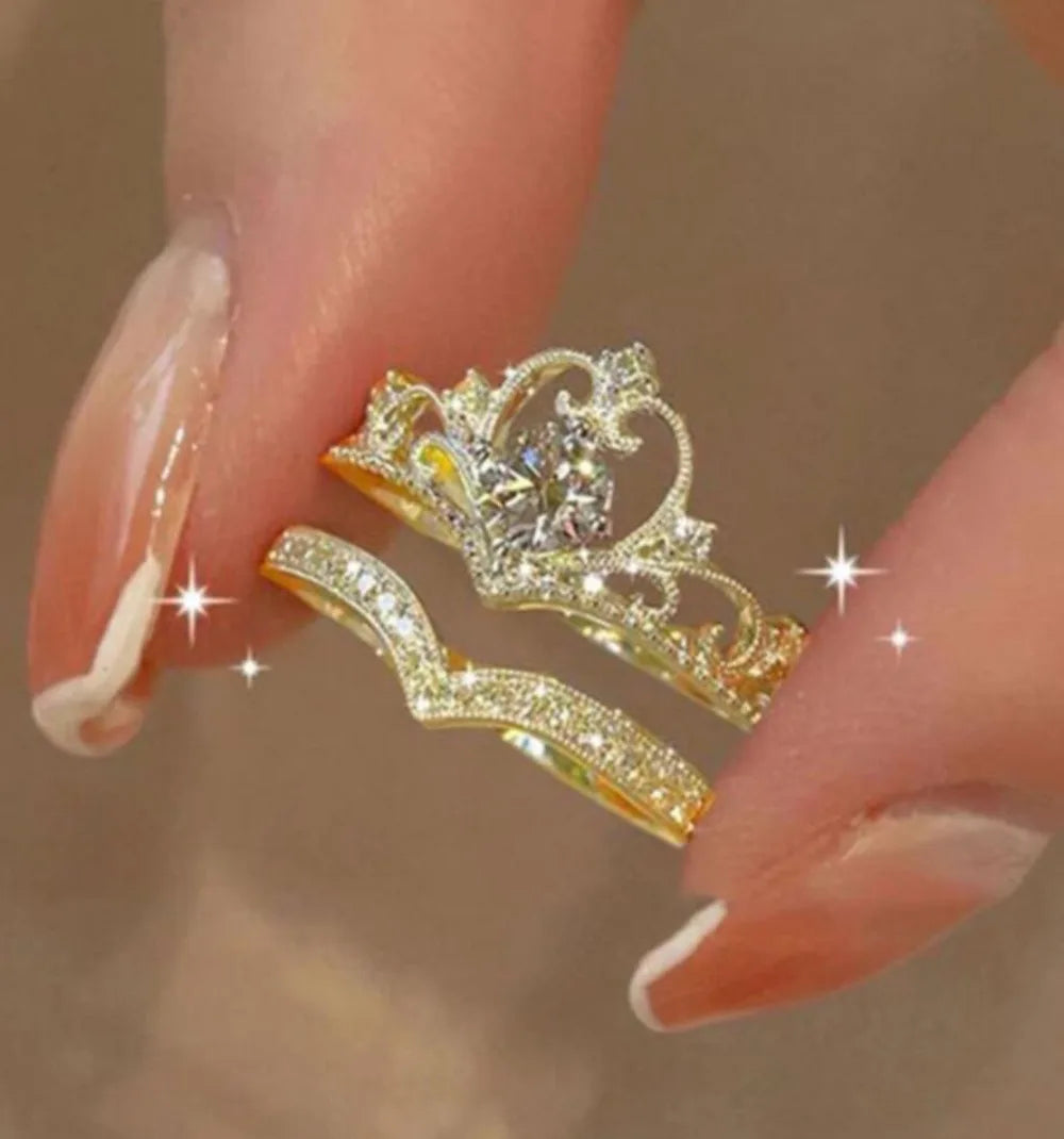 2pcs Set Crown Princess Zircon V Shape Couple Rings for Women Girls Cute Romance Opening Bride Finger Jewelry Anniversary Gift