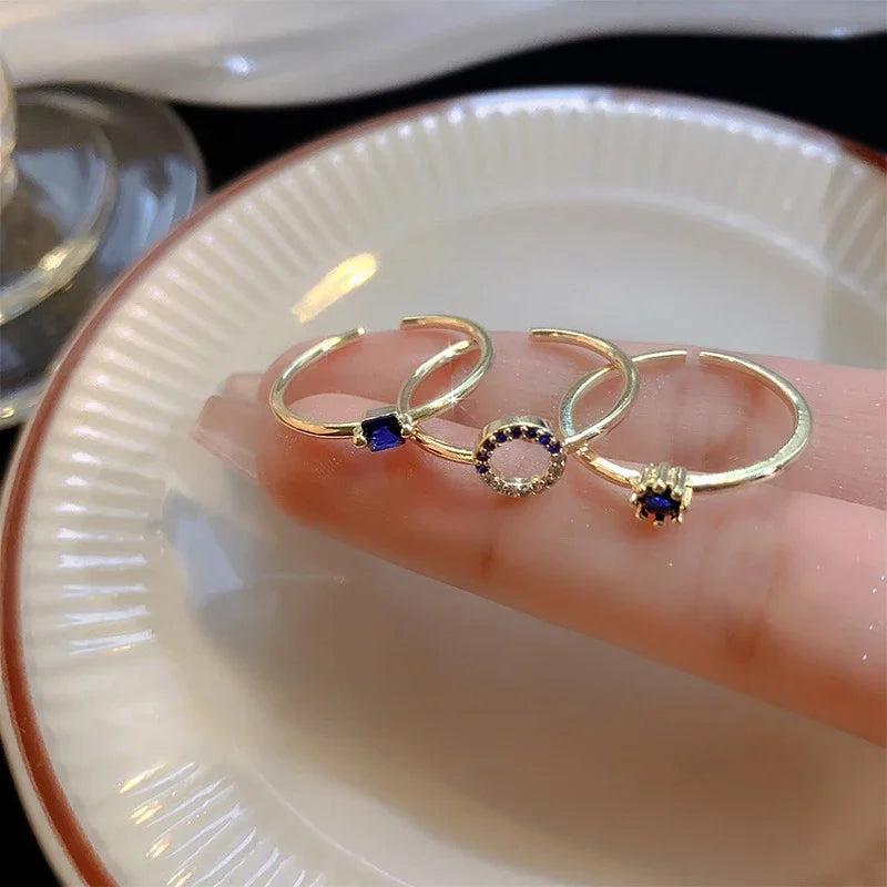 3pcs Set Personality Fashion Blue Geometric Crystal Rings for Women Vintage Luxury Gold Color Stainless Steel Finger Jewelry