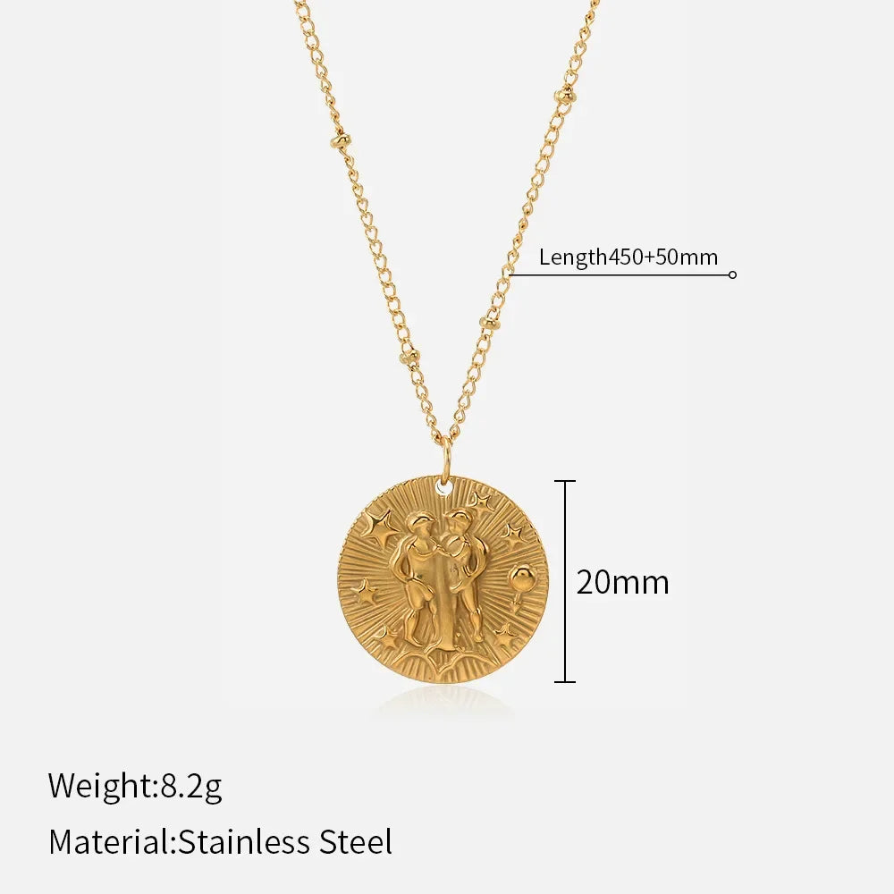 Original Zodiac Signs Gold Color Stainless Steel Pendant Necklace for Men Women Twelve Constellations Embossed Chokers Jewelry