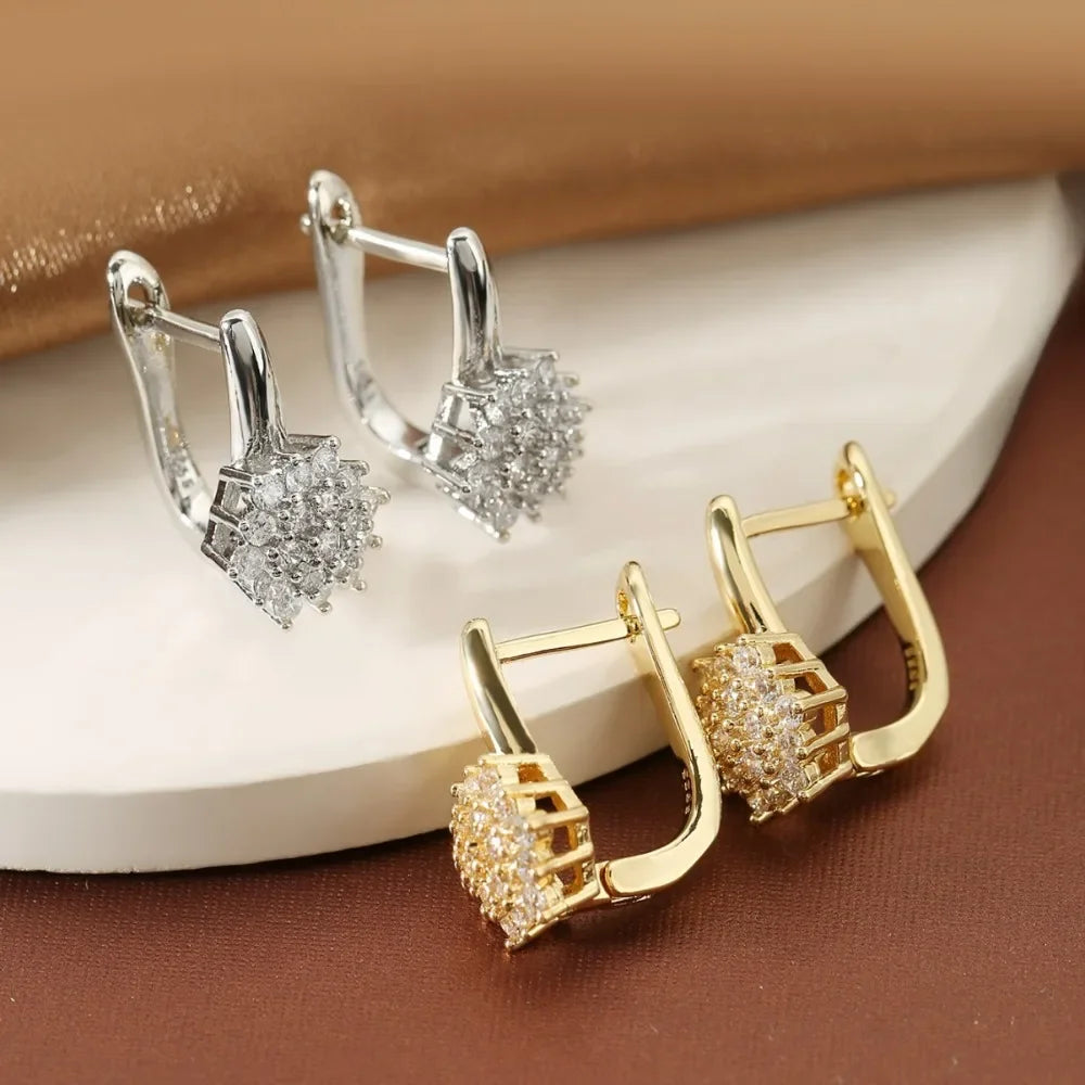 Personality Classic U Shape Zircon Flower Hoop Earrings for Women Luxury Gold Color Stainless Steel Crystal Korea Jewelry Gift