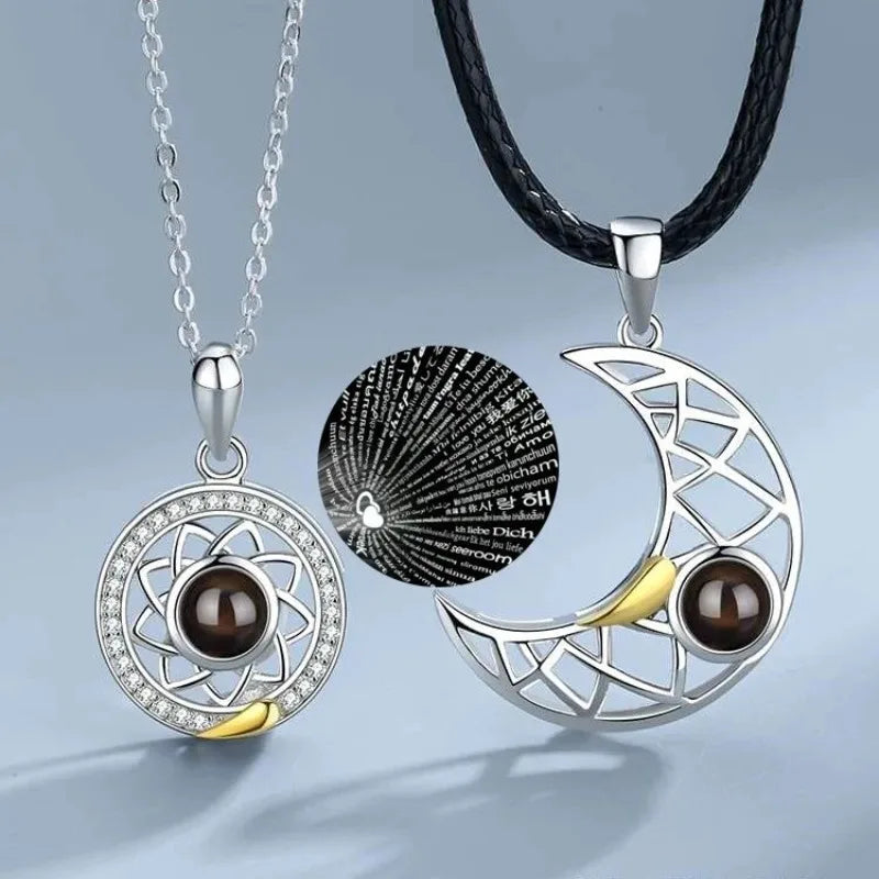 1 Pair Magnetic Couple Matching Necklace for Women Men 100 Languages I Love You Projection Sun Moon Heart Shape Pendant Jewelry