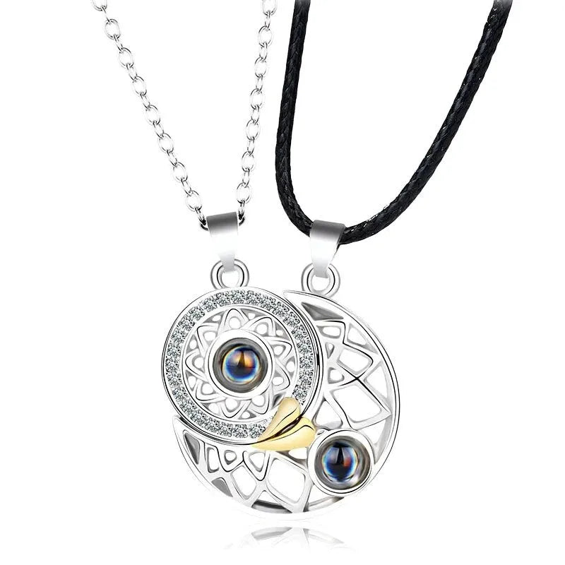 1 Pair Magnetic Couple Matching Necklace for Women Men 100 Languages I Love You Projection Sun Moon Heart Shape Pendant Jewelry
