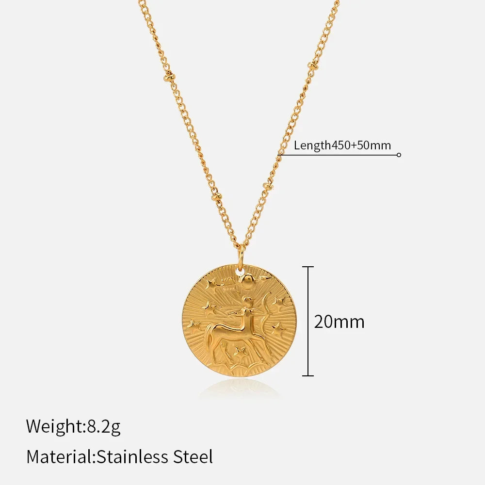 Original Zodiac Signs Gold Color Stainless Steel Pendant Necklace for Men Women Twelve Constellations Embossed Chokers Jewelry