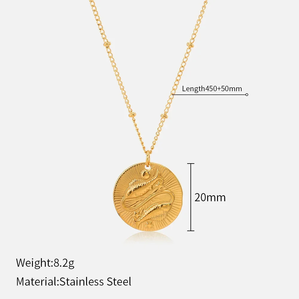 Original Zodiac Signs Gold Color Stainless Steel Pendant Necklace for Men Women Twelve Constellations Embossed Chokers Jewelry