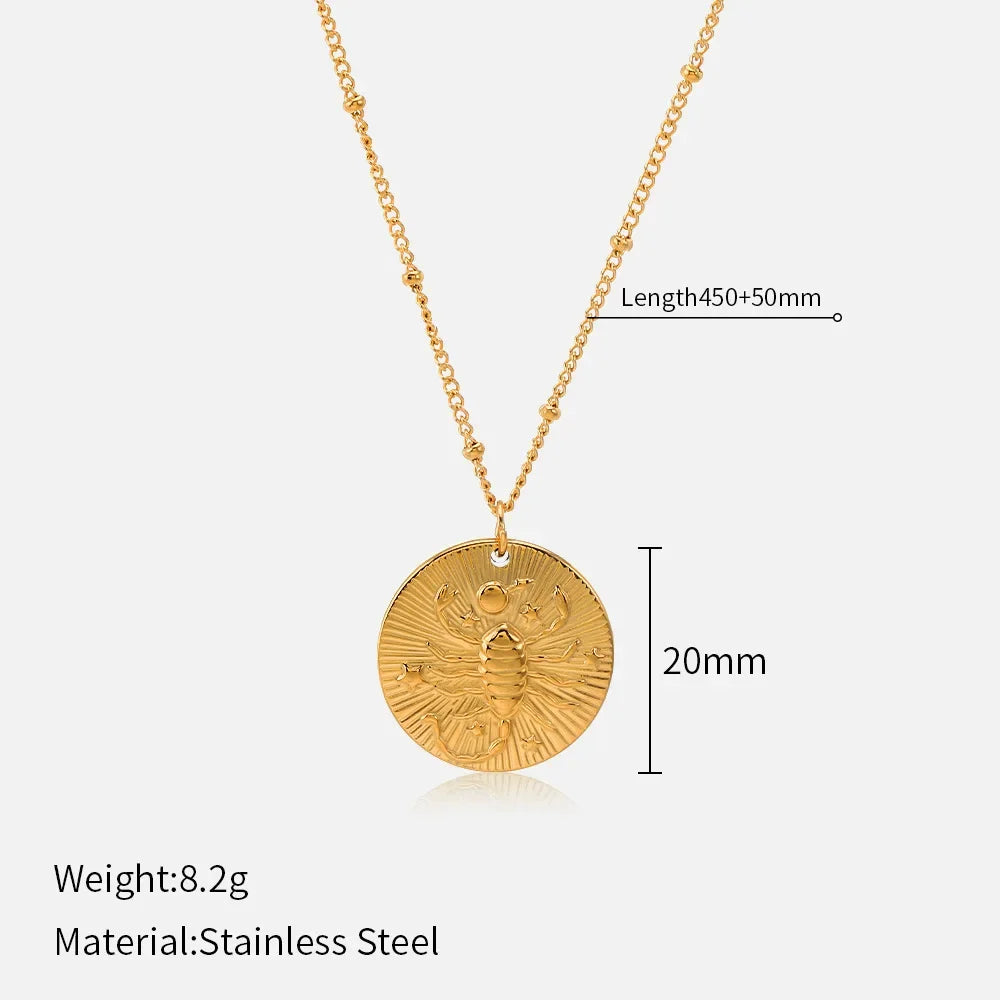 Original Zodiac Signs Gold Color Stainless Steel Pendant Necklace for Men Women Twelve Constellations Embossed Chokers Jewelry