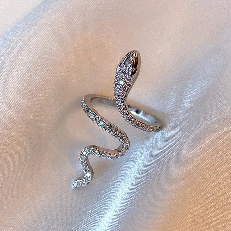 New Fashion Gothic Aesthetic Rhinestones Snake Ring Open Adjustable Animal Rings for Women Punk Jewelry Accessories Girl Gifts