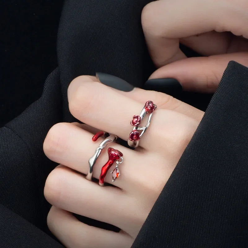 Vintage Goth Irregular Red Crystal Heart Ring for Women Charm Hollow Zircon Liquid Open Adjustable Ring Punk Party Jewelry Gift