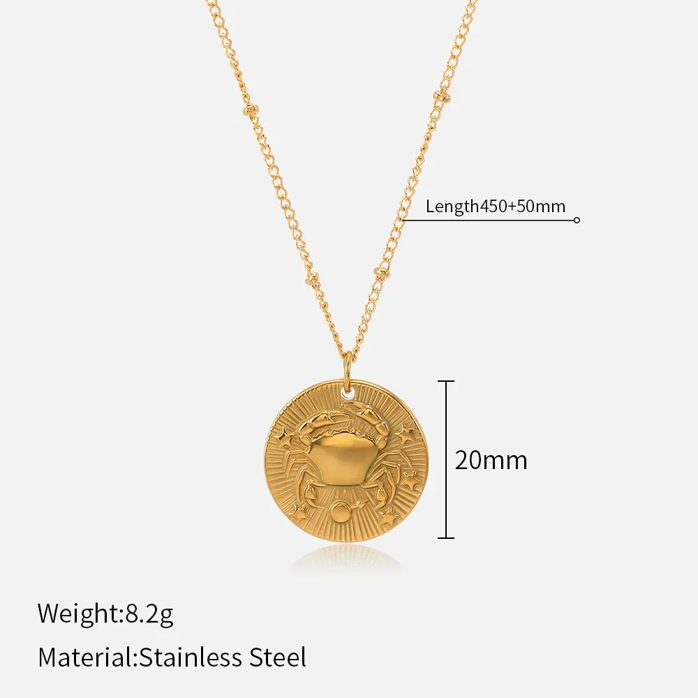 Original Zodiac Signs Gold Color Stainless Steel Pendant Necklace for Men Women Twelve Constellations Embossed Chokers Jewelry