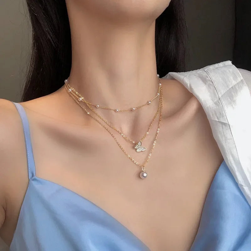 Senior Love Heart Star Multi-layered Crystal Pendant Necklace for Women Charm Gold Color Stainless Steel Choker Chain Jewelry
