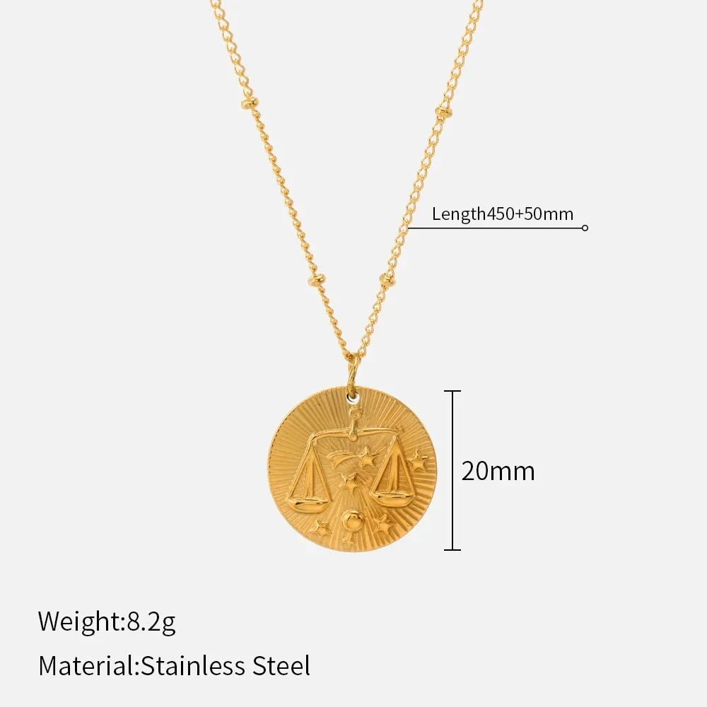 Original Zodiac Signs Gold Color Stainless Steel Pendant Necklace for Men Women Twelve Constellations Embossed Chokers Jewelry