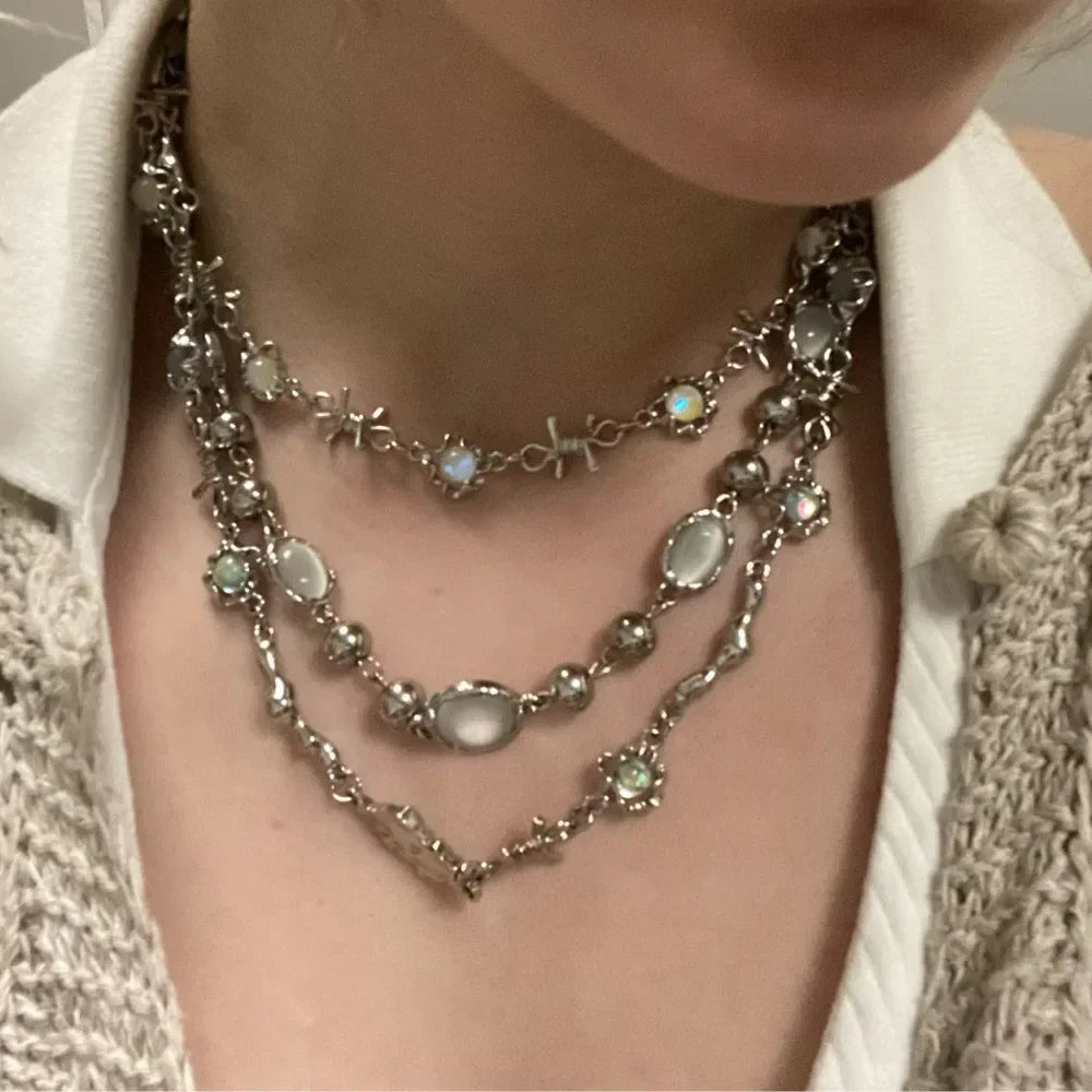 Y2K Retro Kpop Silver Color Pendant Necklaces for Women Gothic Zircon Heart Cross Tassel Necklace Punk Clavicle Choker Jewelry