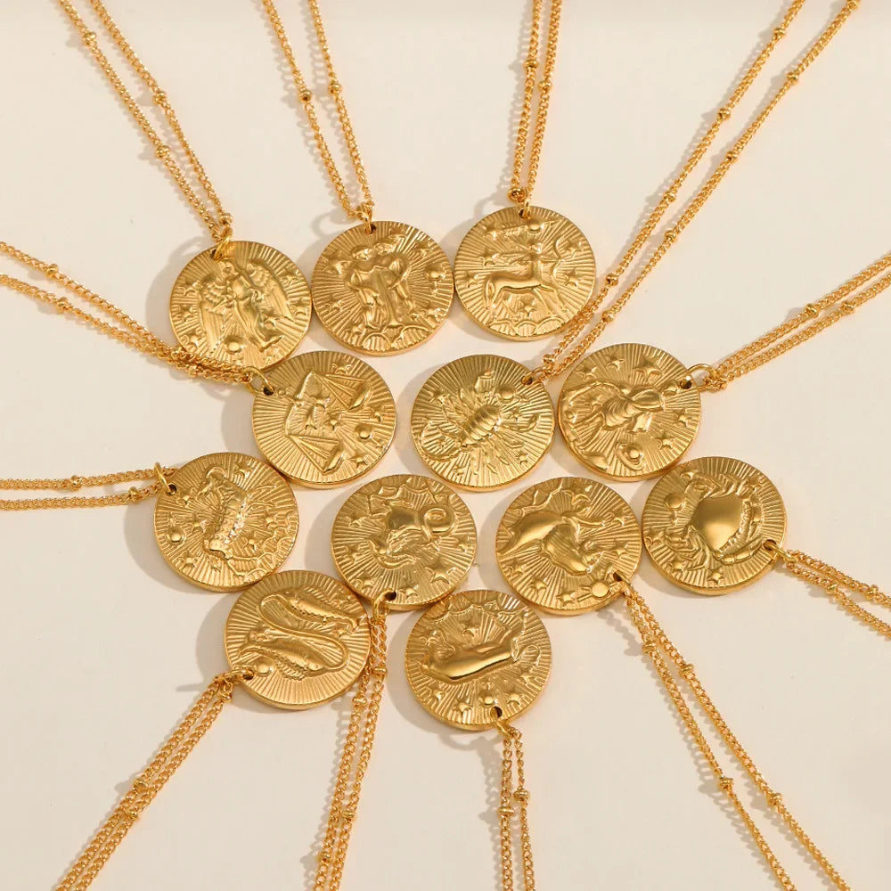 Original Zodiac Signs Gold Color Stainless Steel Pendant Necklace for Men Women Twelve Constellations Embossed Chokers Jewelry