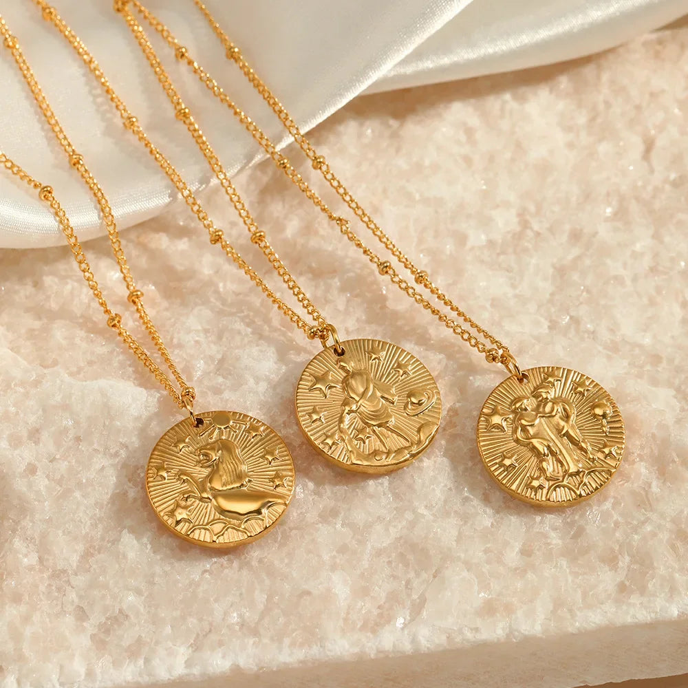 Original Zodiac Signs Gold Color Stainless Steel Pendant Necklace for Men Women Twelve Constellations Embossed Chokers Jewelry
