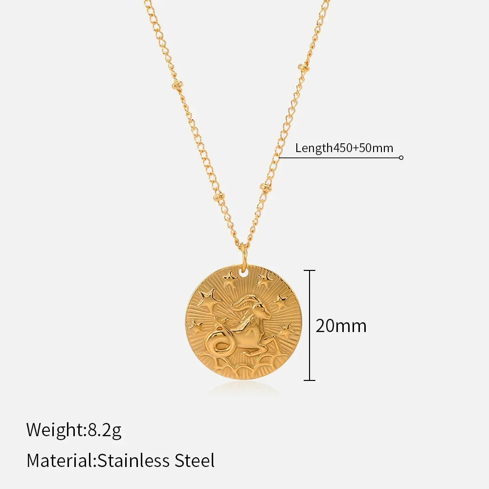 Original Zodiac Signs Gold Color Stainless Steel Pendant Necklace for Men Women Twelve Constellations Embossed Chokers Jewelry