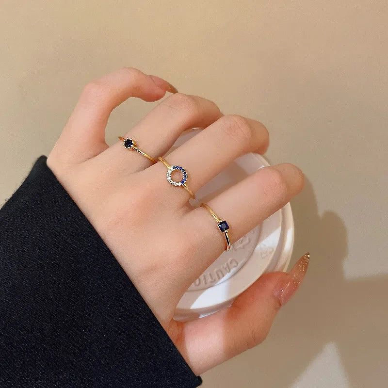 3pcs Set Personality Fashion Blue Geometric Crystal Rings for Women Vintage Luxury Gold Color Stainless Steel Finger Jewelry