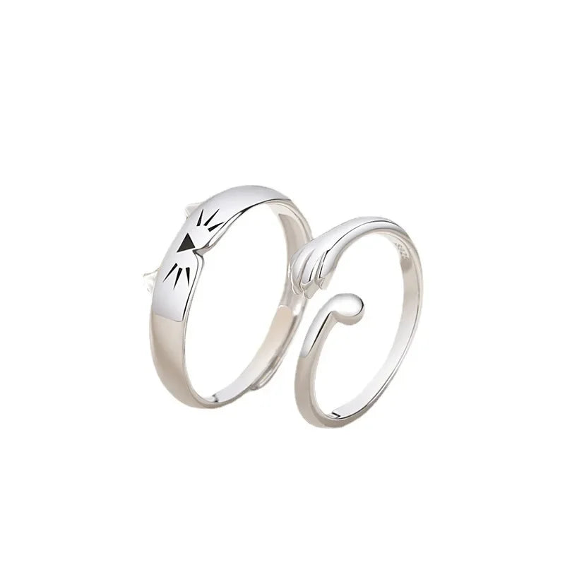 2024 New Cartoon Kitty Hug Couple Rings for Women Men Personality Cat's Paw Opening Adjustable Alloy Jewelry Anniversary Gift