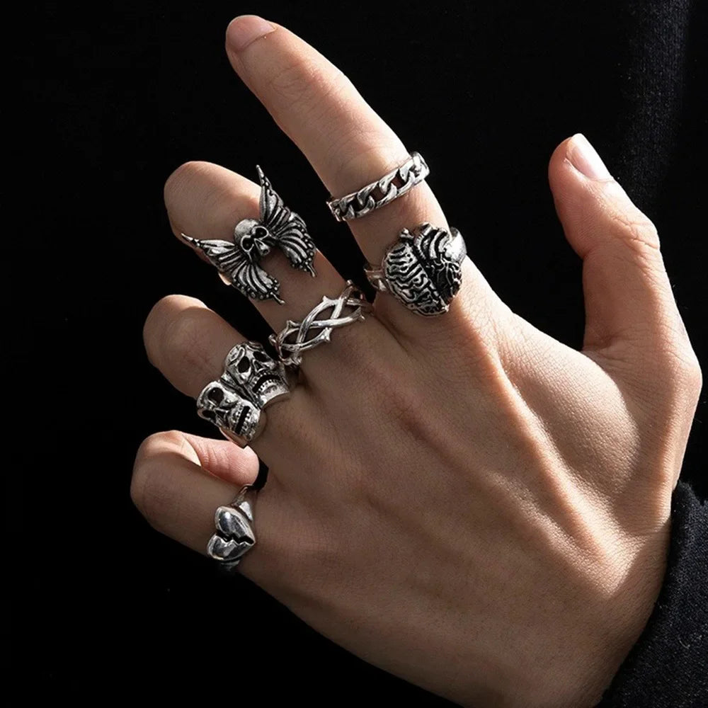 7pcs Set Punk Hip Hop Stainless Steel Men Ring Vintage Spider Bat Skull Two-headed Snake Opening Rings Jewelry Gothic Accesorios