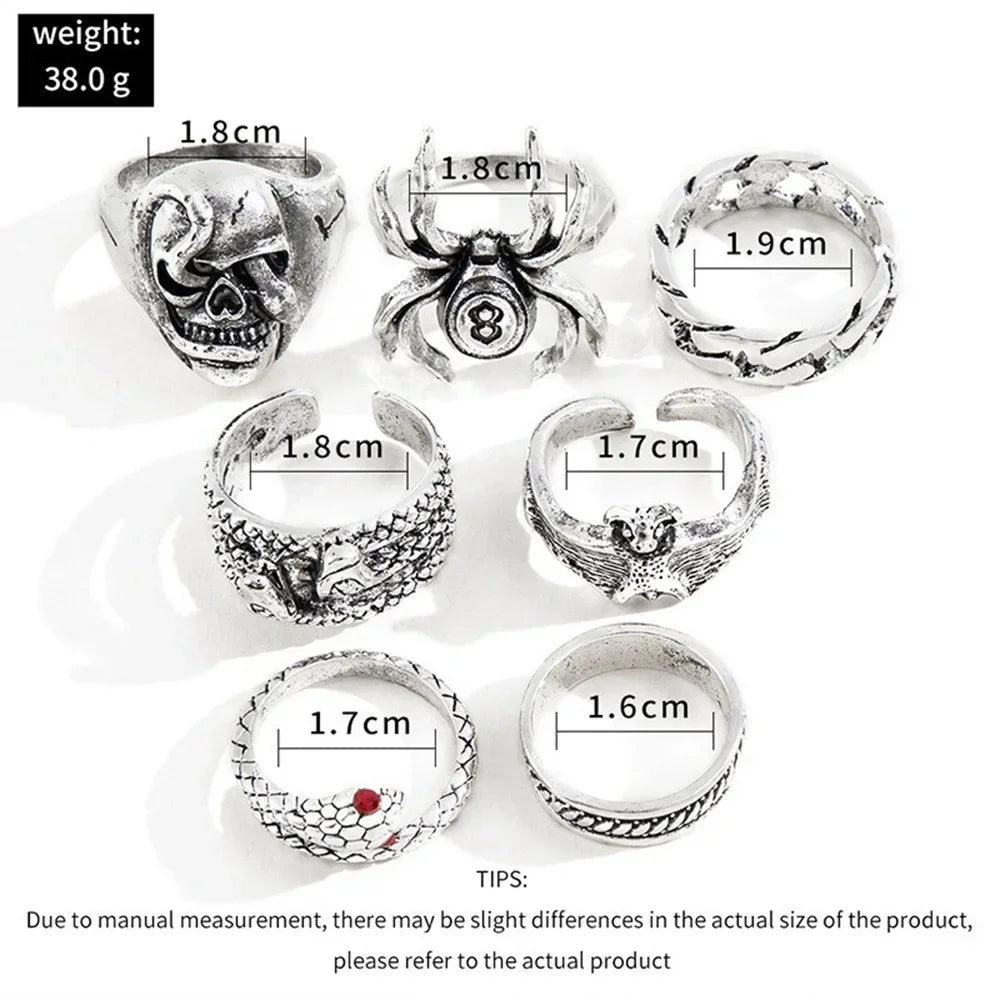 7pcs Set Punk Hip Hop Stainless Steel Men Ring Vintage Spider Bat Skull Two-headed Snake Opening Rings Jewelry Gothic Accesorios