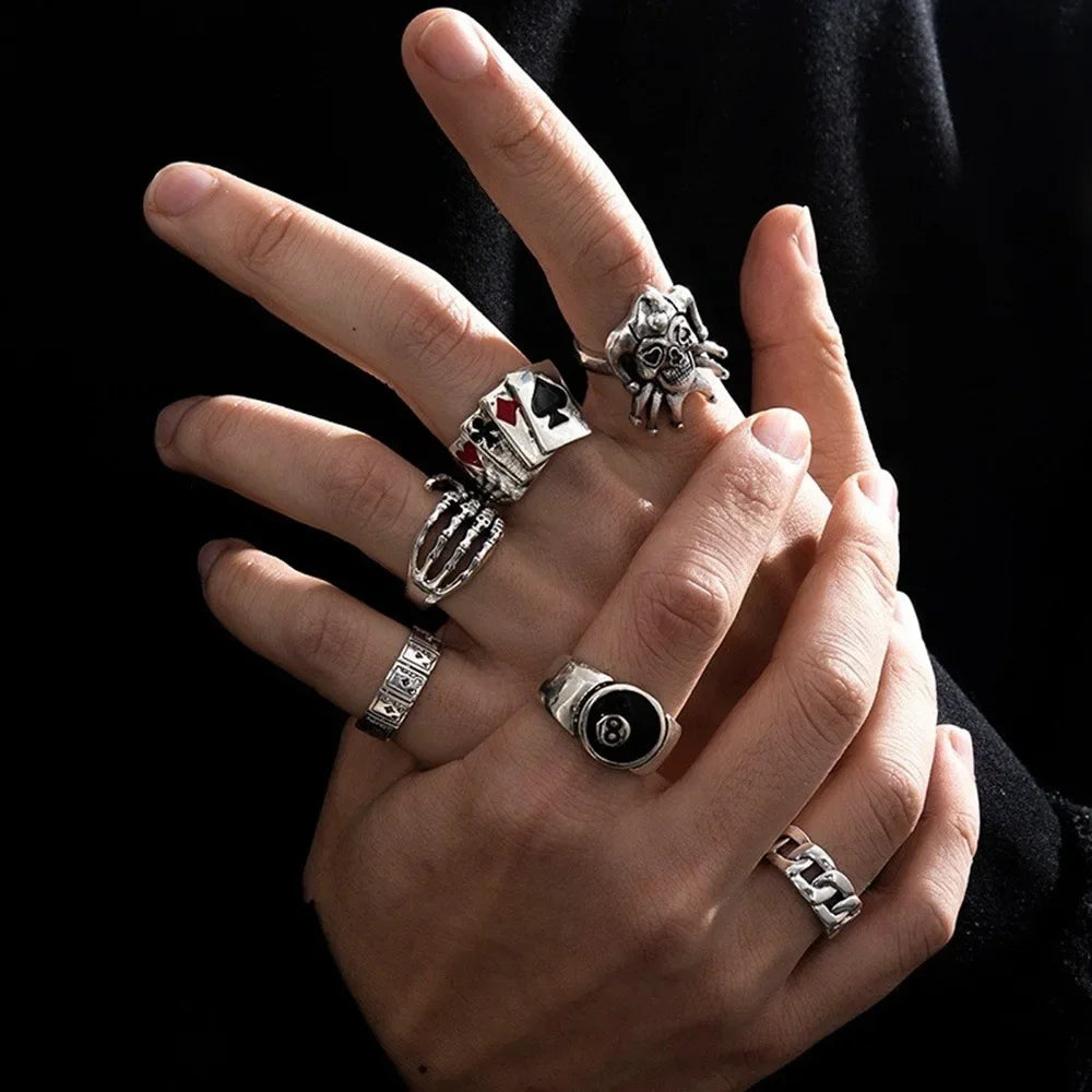 7pcs Set Punk Hip Hop Stainless Steel Men Ring Vintage Spider Bat Skull Two-headed Snake Opening Rings Jewelry Gothic Accesorios