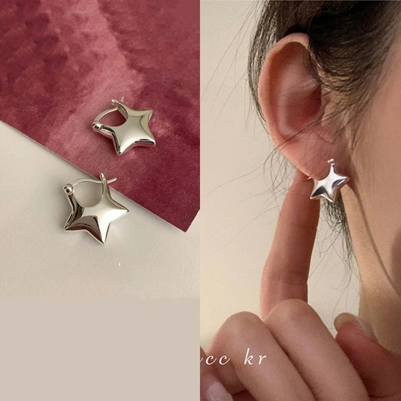 Classic Design Stereoscopic Pentagram Hoop Earrings Personality Charm Star Stud Earrings for Women Girls Hip Hop Rock Jewelry