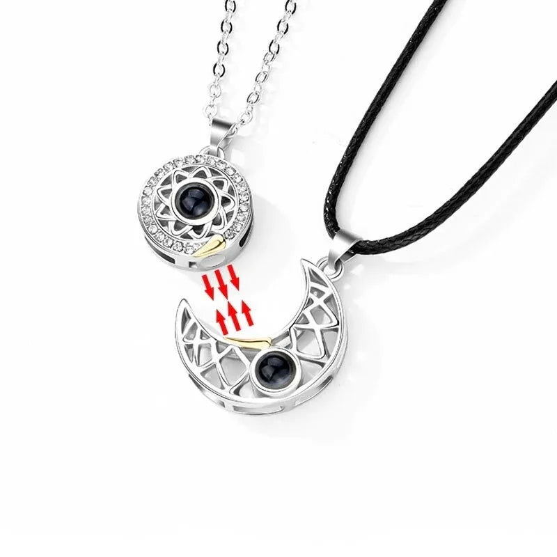 1 Pair Magnetic Couple Matching Necklace for Women Men 100 Languages I Love You Projection Sun Moon Heart Shape Pendant Jewelry