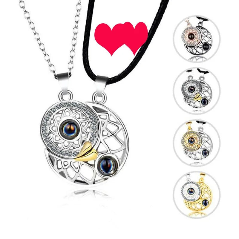 1 Pair Magnetic Couple Matching Necklace for Women Men 100 Languages I Love You Projection Sun Moon Heart Shape Pendant Jewelry