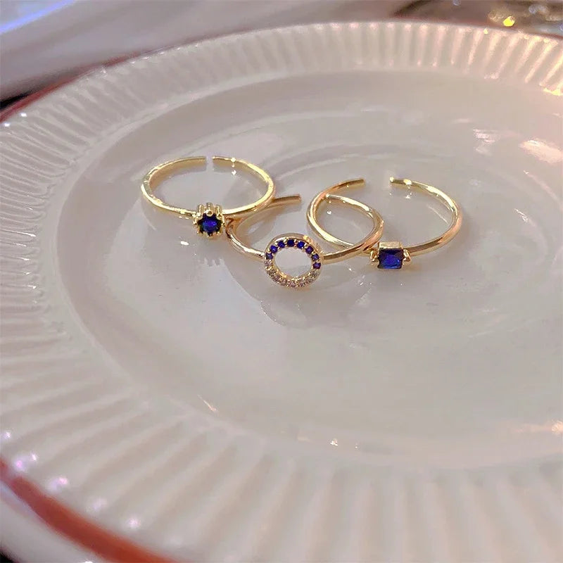 3pcs Set Personality Fashion Blue Geometric Crystal Rings for Women Vintage Luxury Gold Color Stainless Steel Finger Jewelry