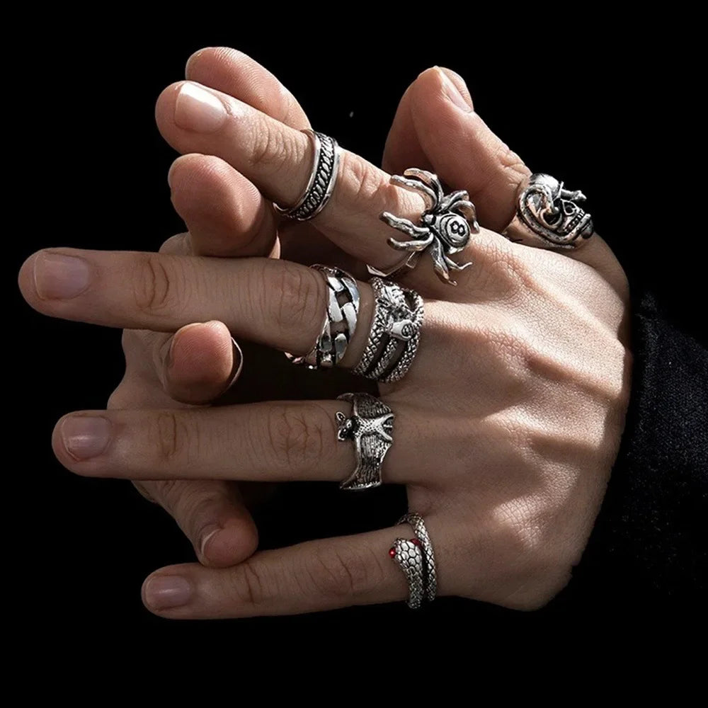 7pcs Set Punk Hip Hop Stainless Steel Men Ring Vintage Spider Bat Skull Two-headed Snake Opening Rings Jewelry Gothic Accesorios